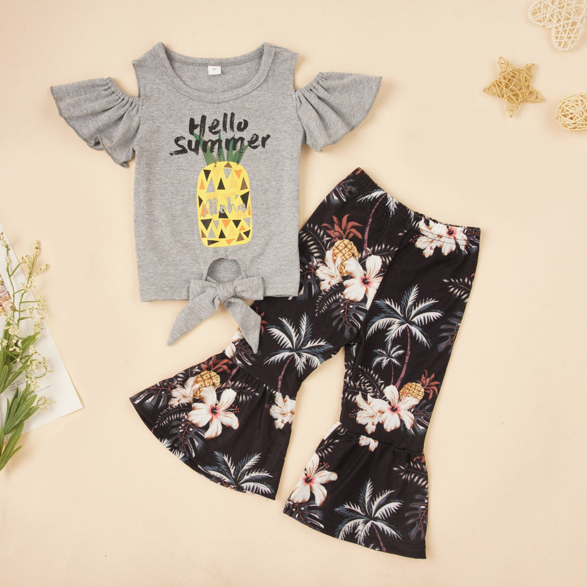 HELLO SUMMER Graphic Top and Floral Flare Pants Set