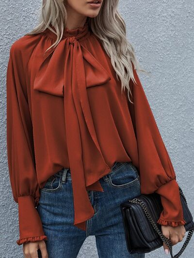 Tie Neck Lantern Sleeve Blouse