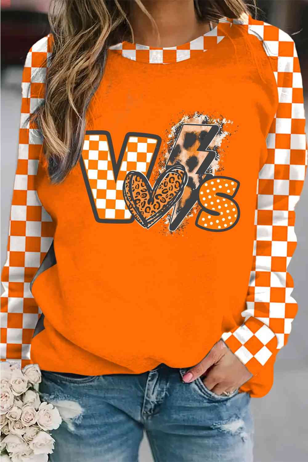 Checkered Round Neck Long Sleeve Sweatshirt