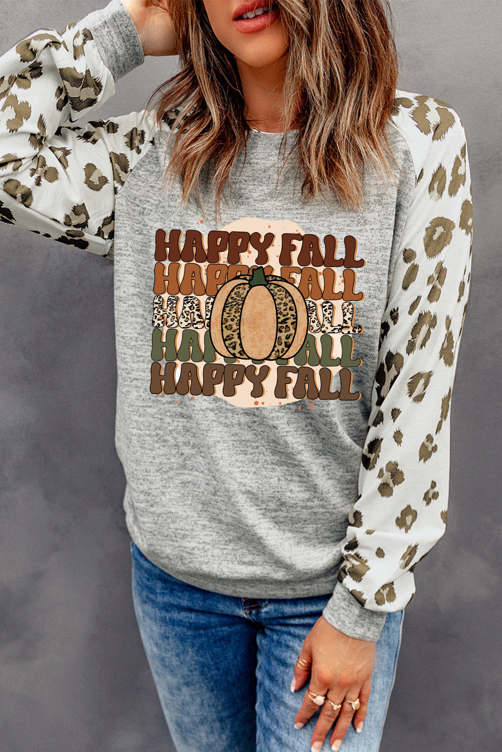 HAPPY FALL Graphic Round Neck Long Sleeve Sweatshirt