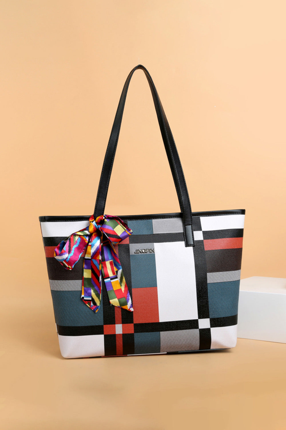 Color Block Tie Detail PU Leather Tote Bag