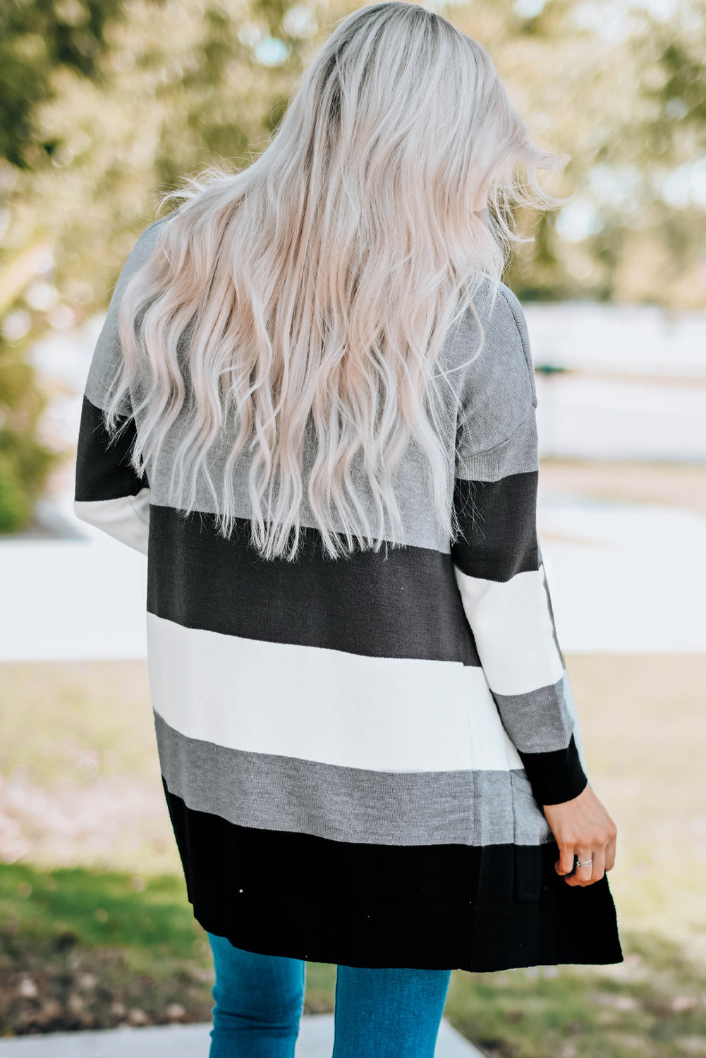 Color Block Open Front Ribbed Cuff Cardigan with Pockets