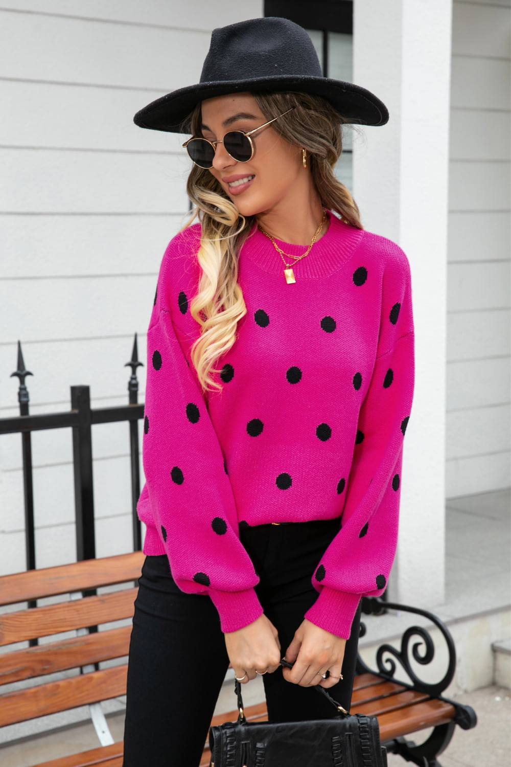 Polka Dot Round Neck Dropped Shoulder Sweater