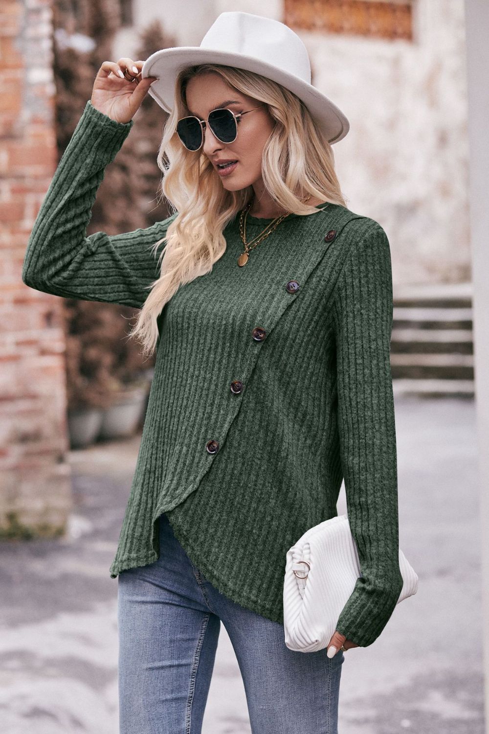 Ribbed Round Neck Buttoned Long Sleeve Tee