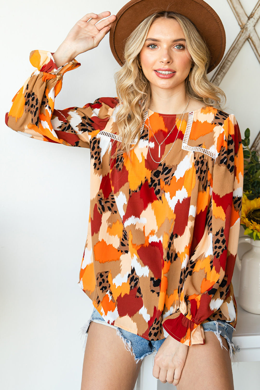 Printed Flounce Sleeve Buttoned Blouse