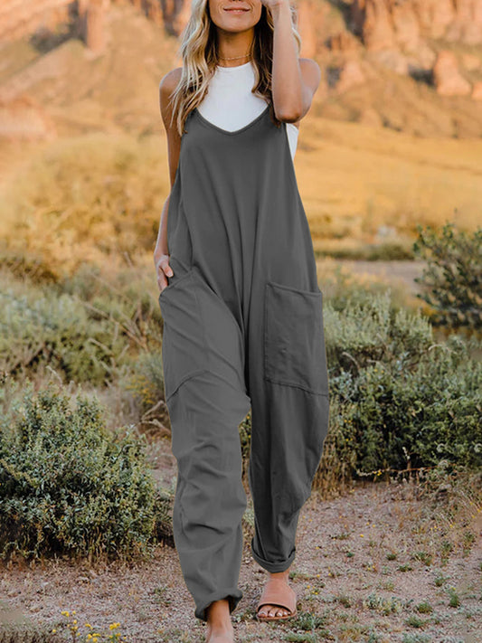 Full Size Sleeveless V-Neck Pocketed Jumpsuit