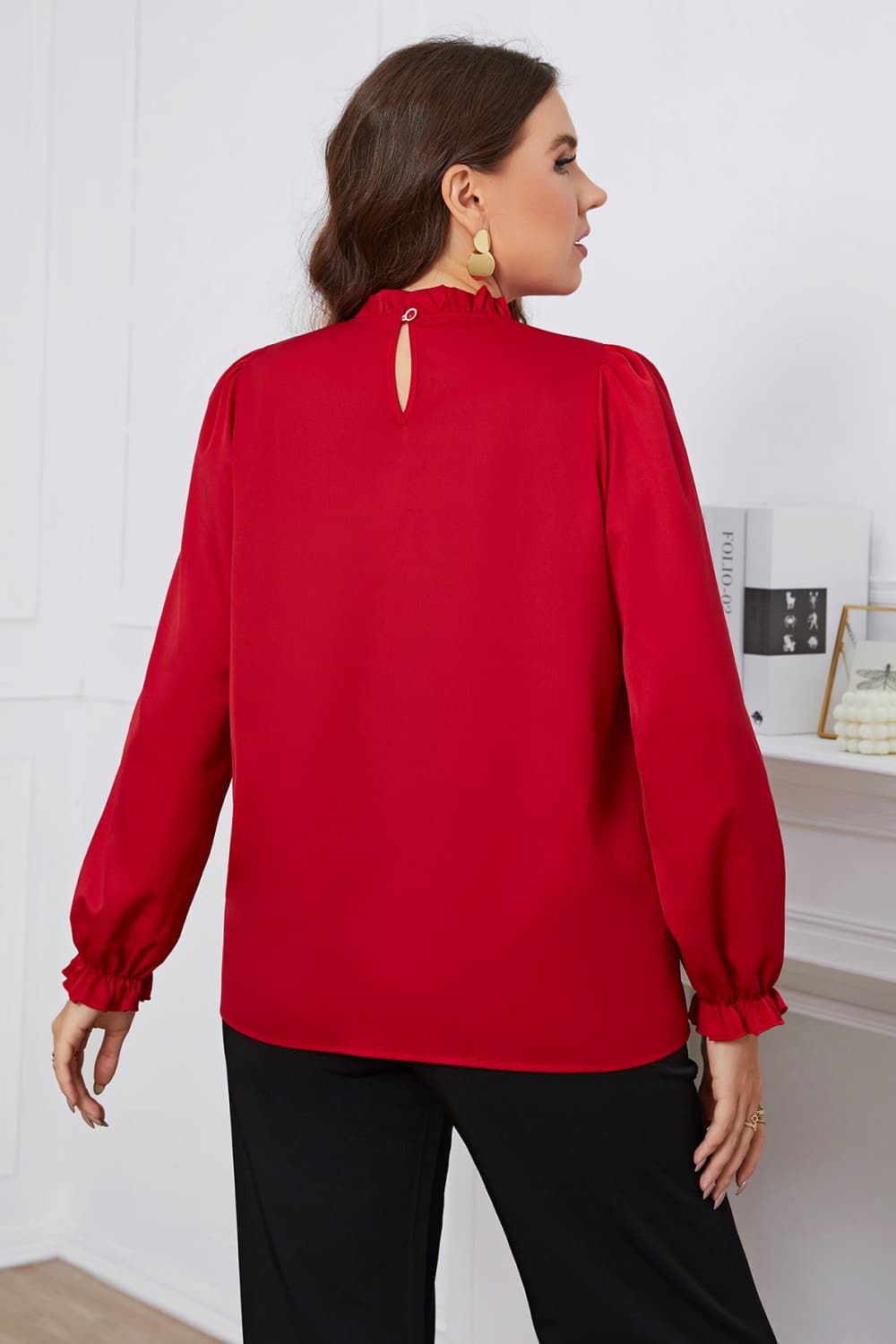 Plus Size Frill Trim Flounce Sleeve Round Neck Blouse