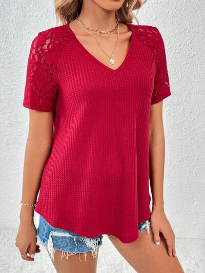 Lace Detail V-Neck Short Sleeve T-Shirt