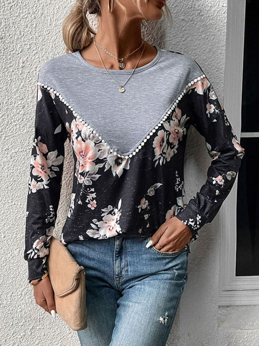 Floral Print Contrast Round Neck Dropped Shoulder Sweatshirt