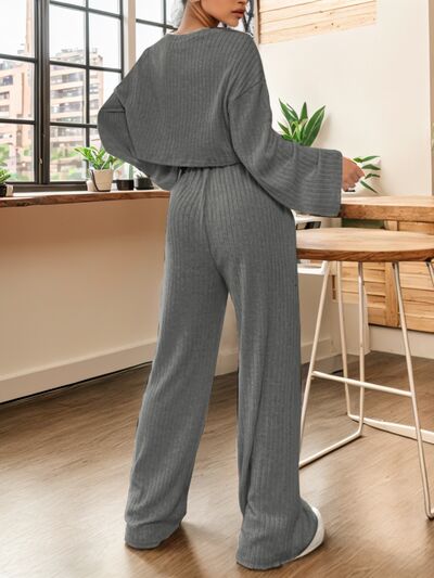 Ribbed Round Neck Top and Drawstring Pants Set