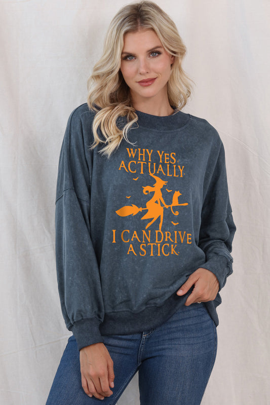 Round Neck Dropped Shoulder Witch Graphic Sweatshirt