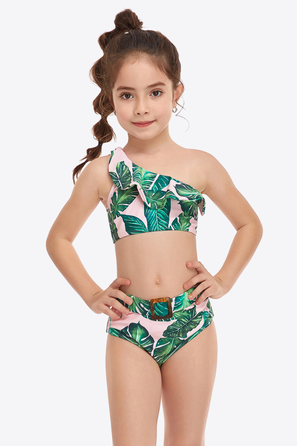 Ruffled One-Shoulder Buckle Detail Two-Piece Swim Set