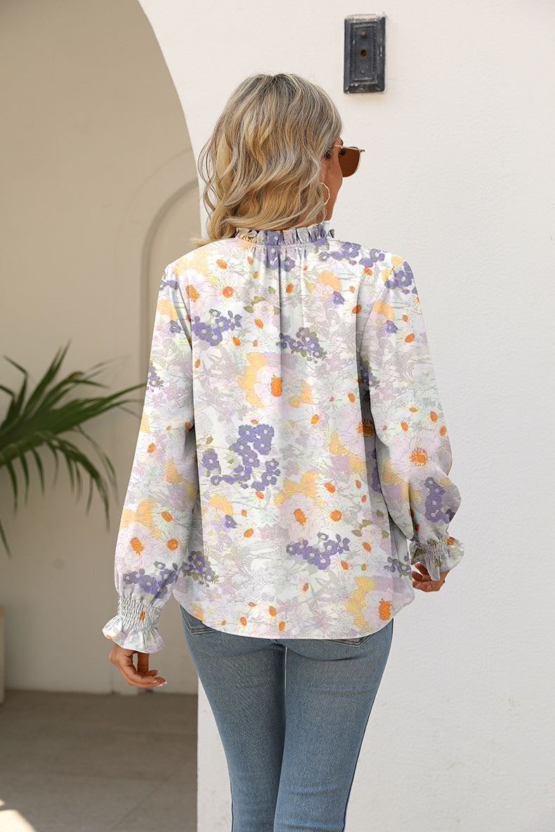 Printed Tie Neck Flounce Sleeve Blouse