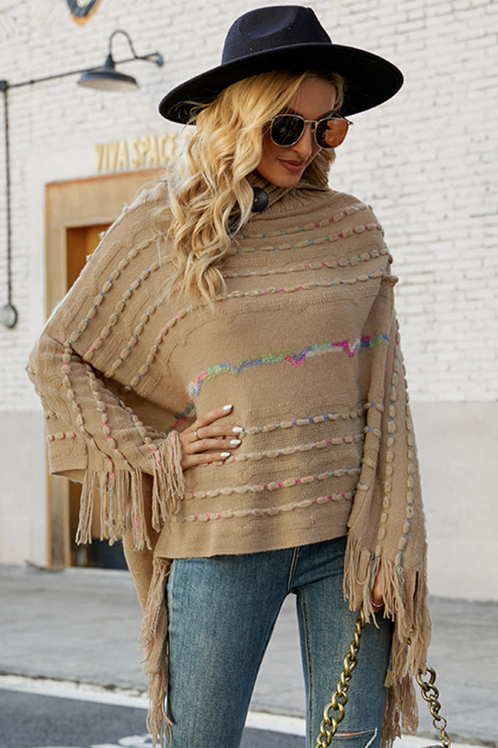 Cloak Sleeve Fringe Detail Poncho