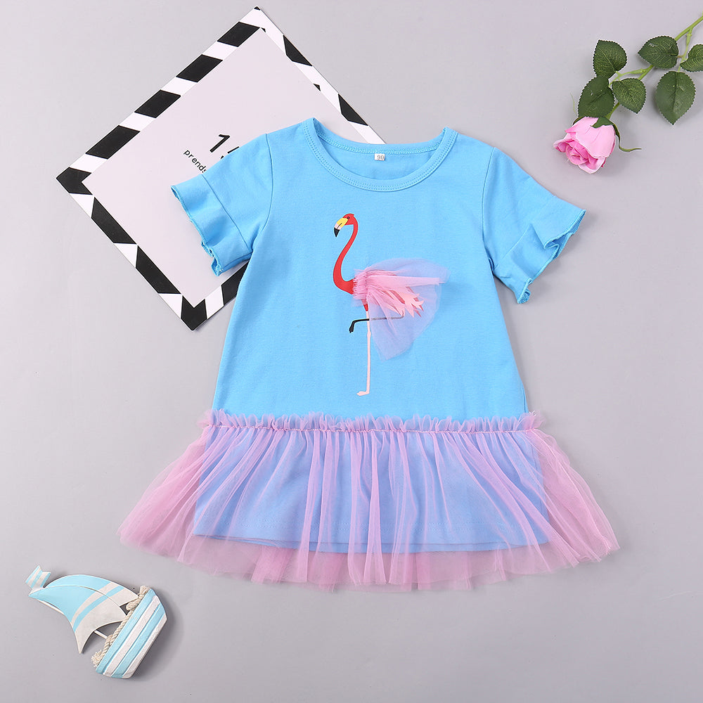 Flamingo Graphic Short Sleeve Spliced Mesh Dress